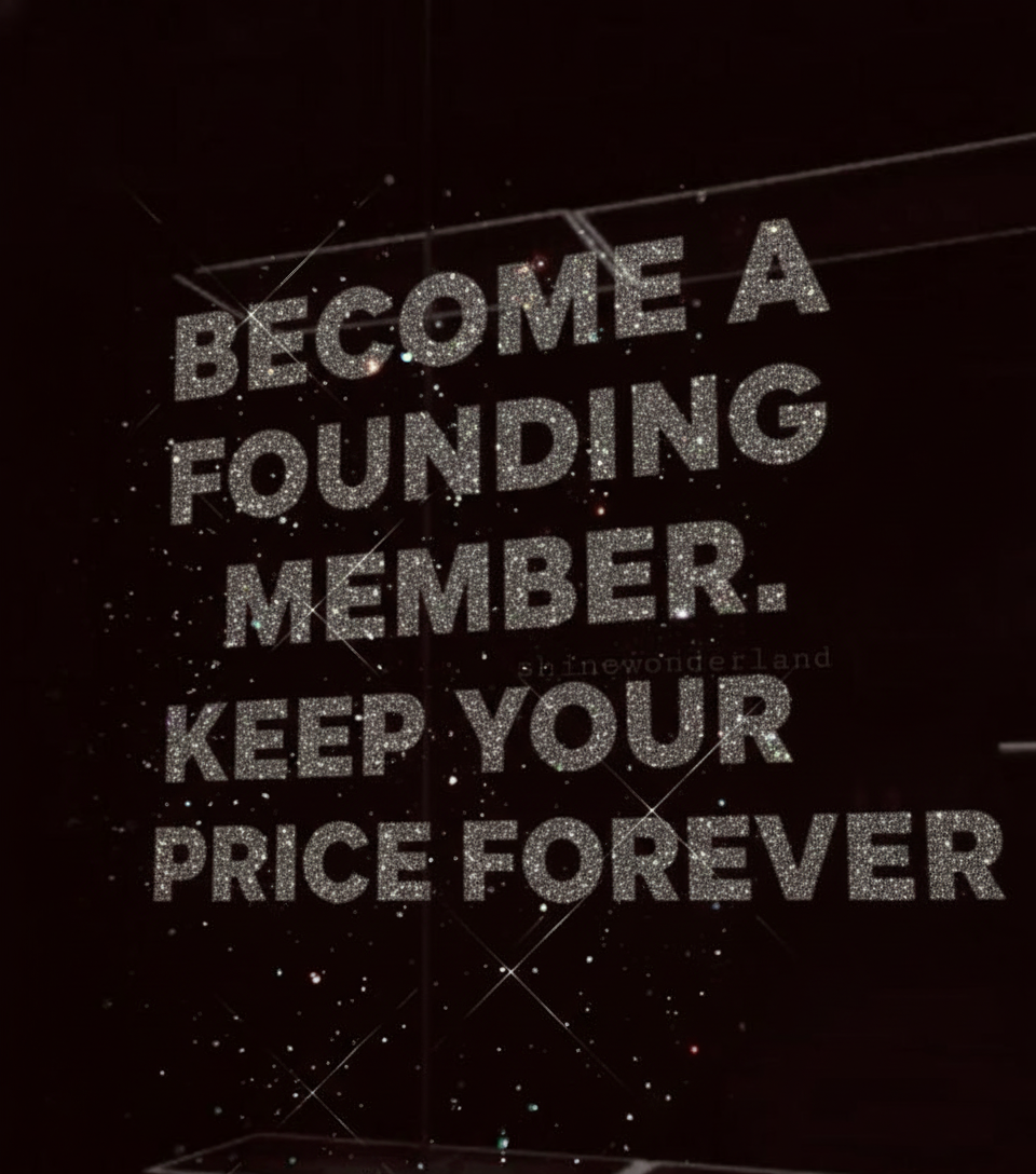 Sparkling glittery sign that reads, 'Become a founding member. Keep your price forever,' in a black background with star-like sparkles.