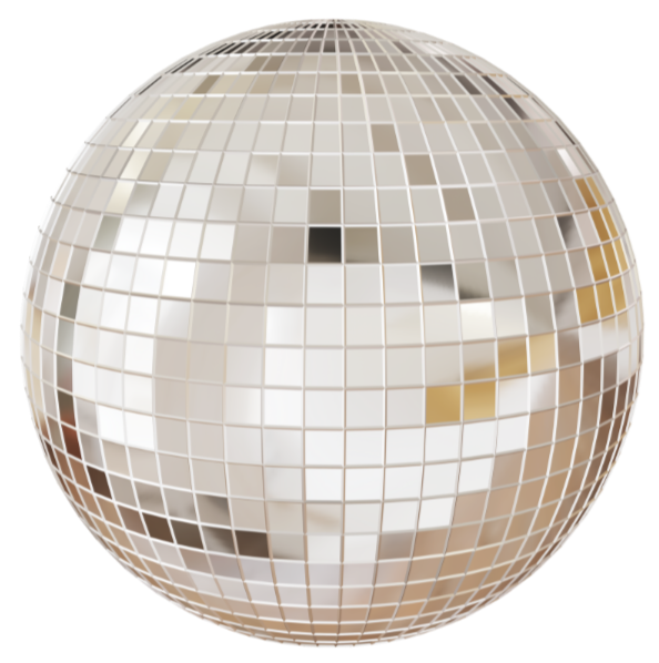 A spherical mirror ball, also known as a disco ball, covered with small reflective square tiles.