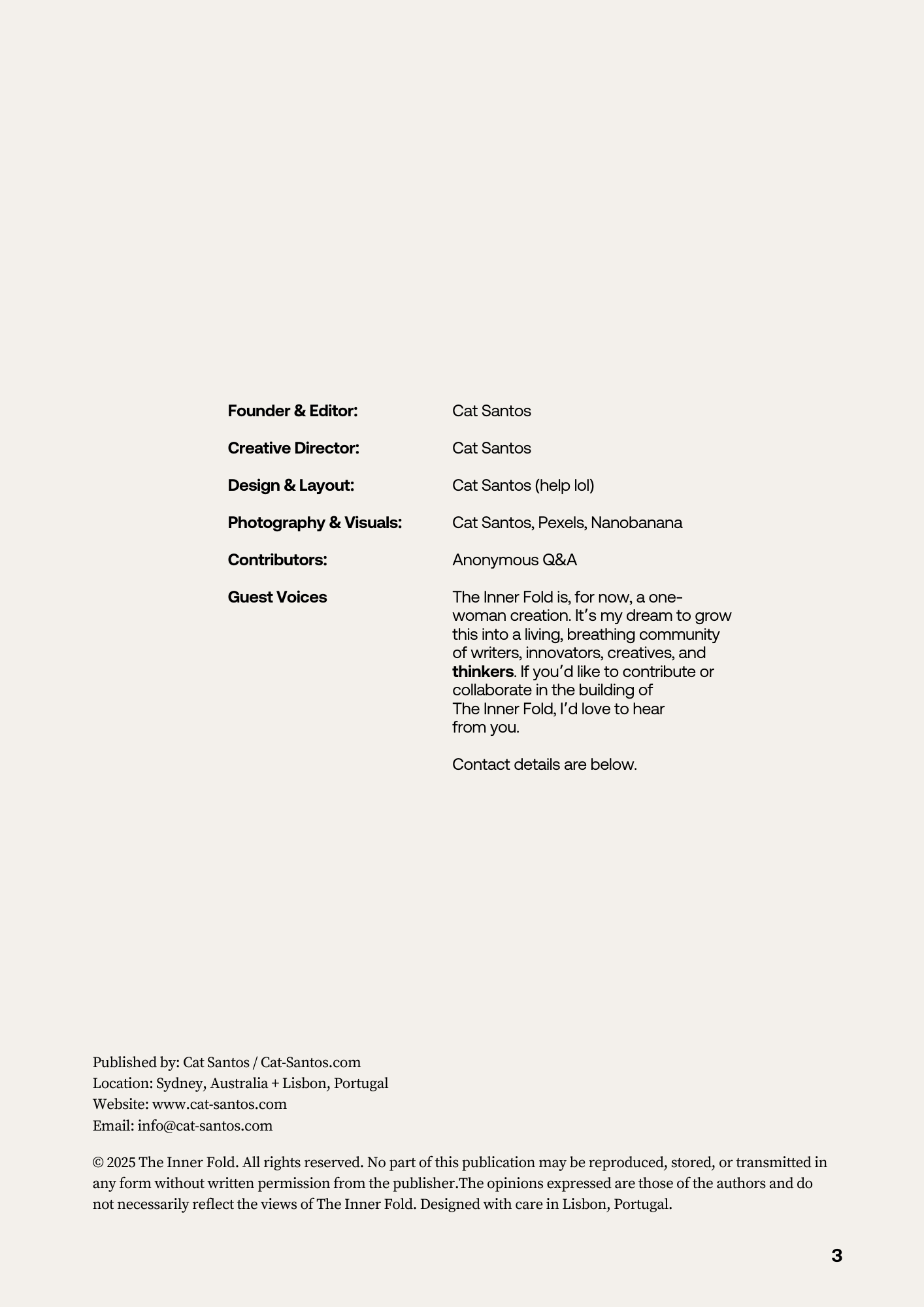 A page from a publication with credits, contact info, and copyright notice, featuring a minimalist design with black text on a light background.