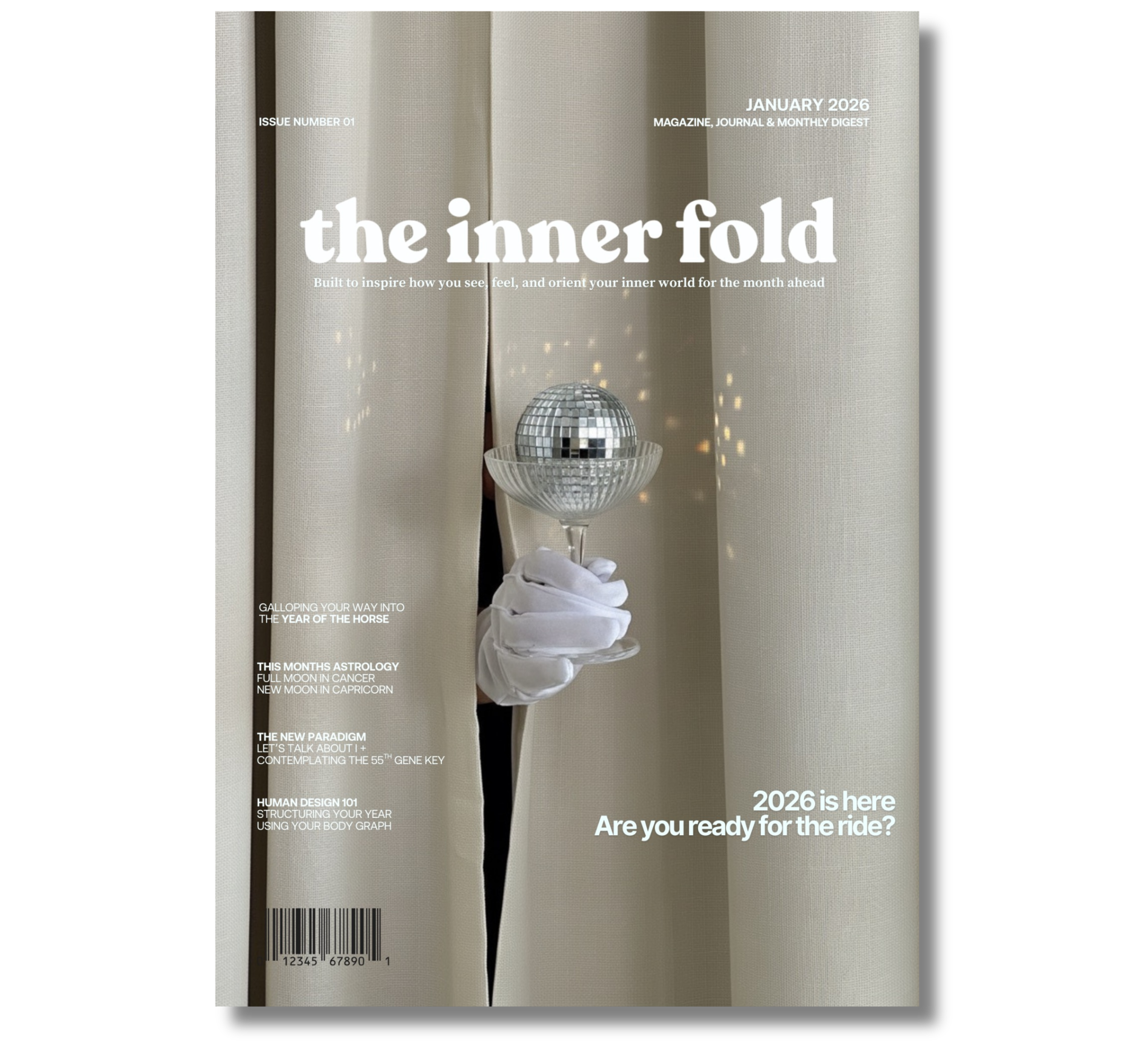 Magazine cover titled 'the inner fold' with a disco ball in a martini glass held by a gloved hand, against a neutral curtain background, for January 2026 issue.