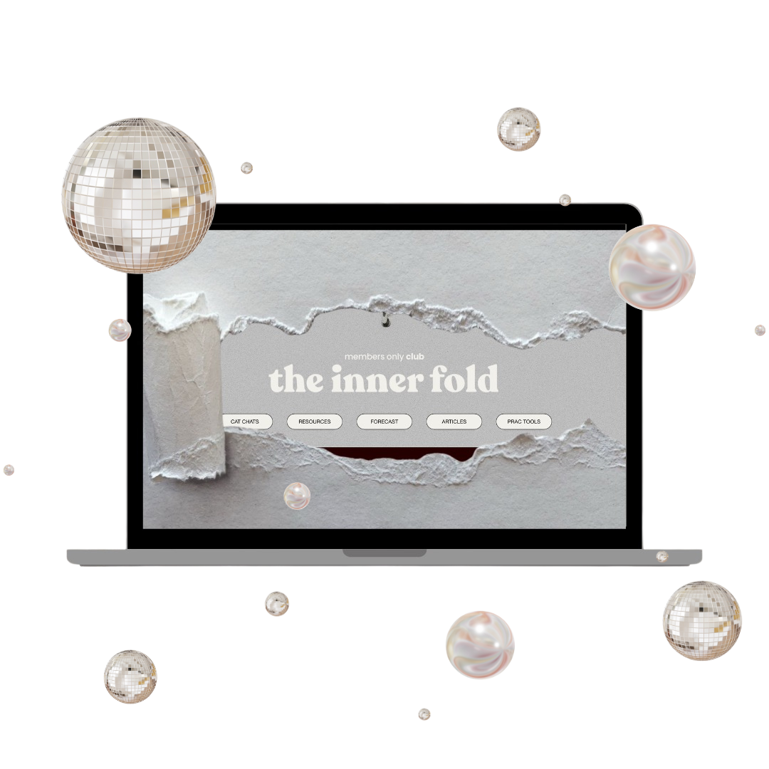 Laptop displaying a torn paper design with the title "the inner fold" and buttons labeled CAT CHATS, RESOURCES, FORECAST, ARTICLES, and PRAC TOOLS, surrounded by decorative disco balls and pearls.