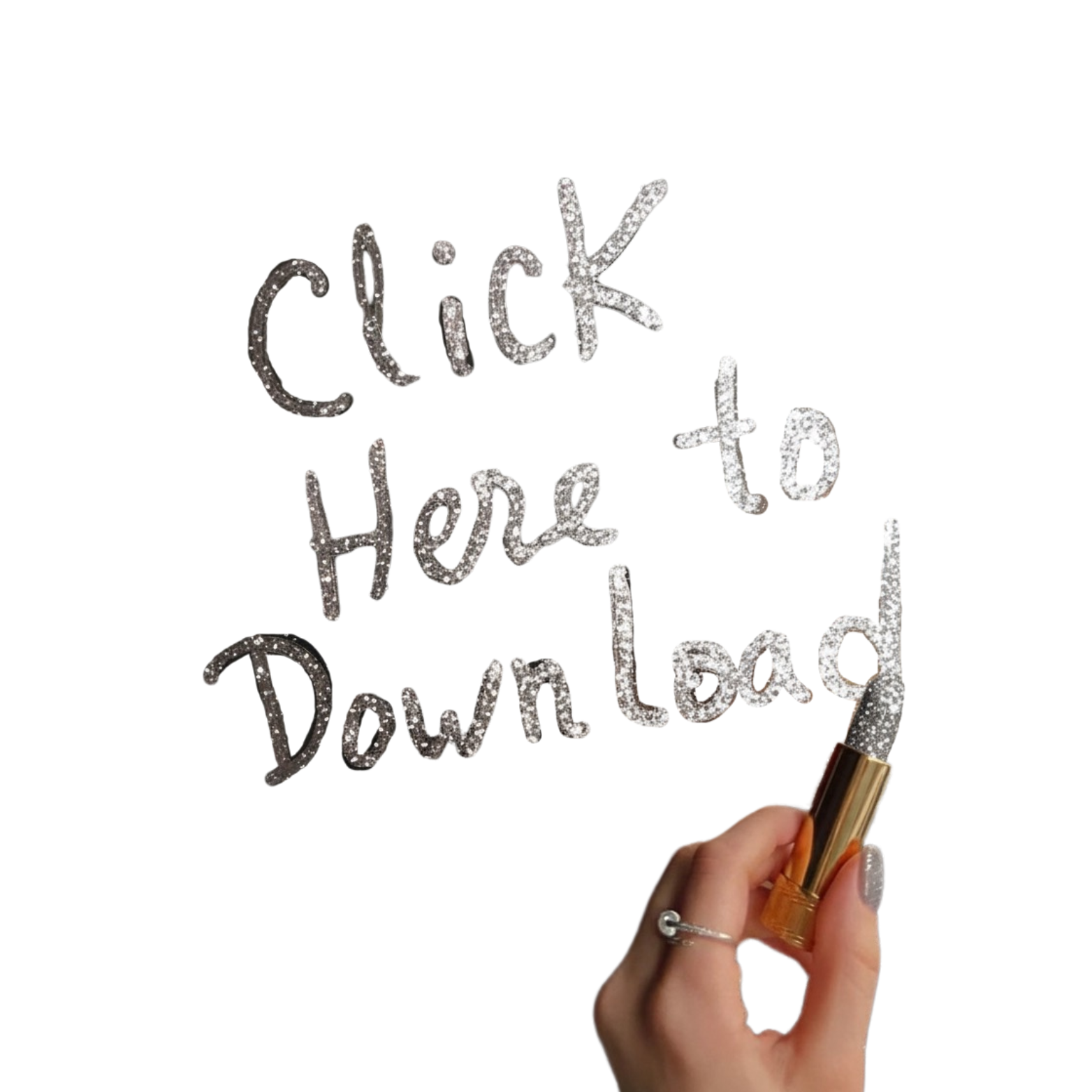 Glittery sign reading 'Click here to Dem LmLad' being held by a hand with a silver ring, against a black background.