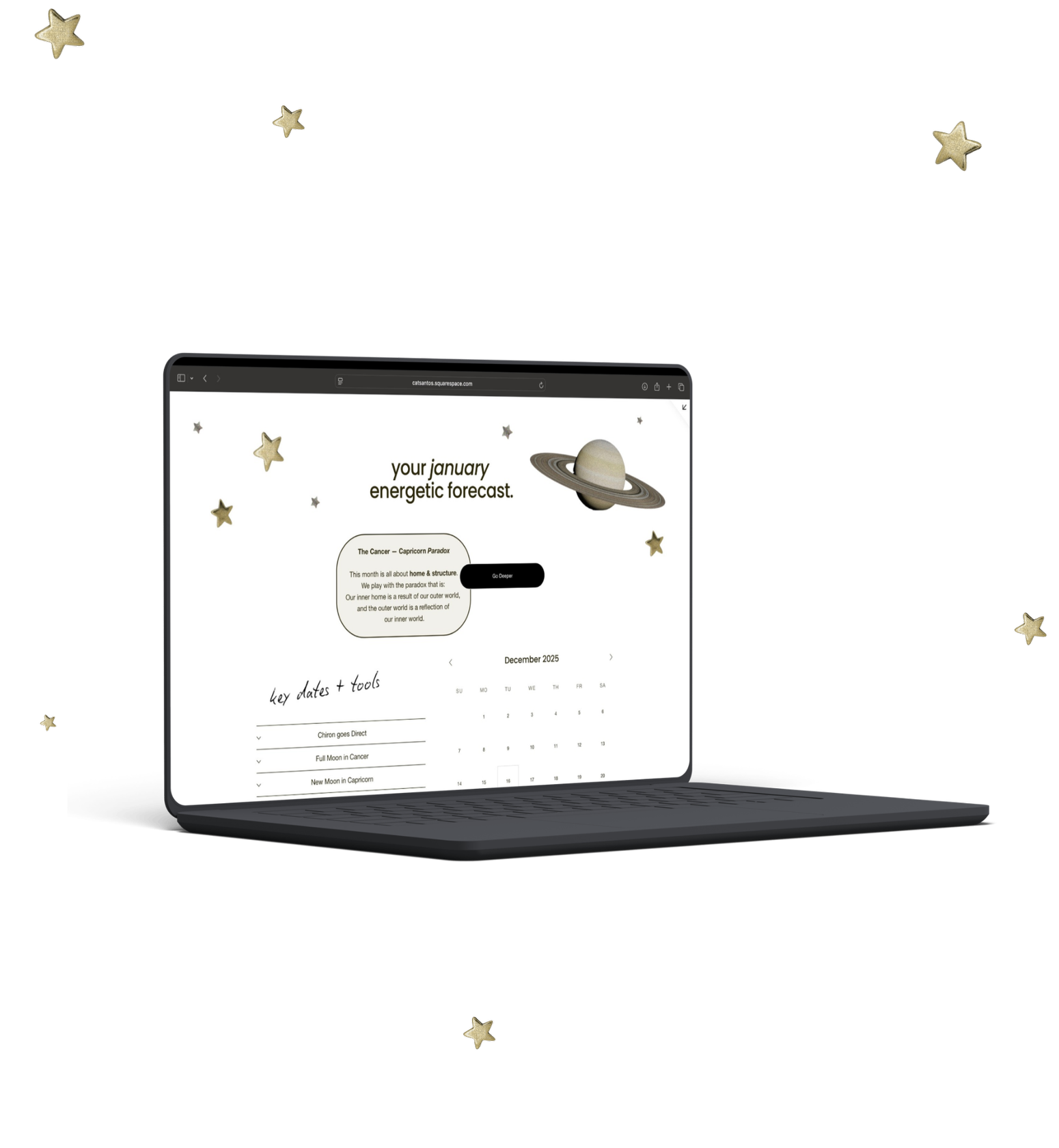 Laptop with a space-themed webpage open, surrounded by gold star decorations and a Saturn planet graphic.