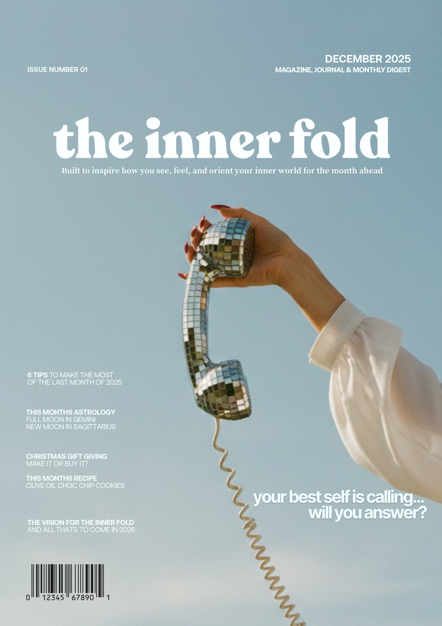 Magazine cover titled 'the inner fold' with a hand holding a vintage receiver phone covered in mirror tiles, against a blue sky background. Text includes December 2025 issue, feature articles, and a barcode.