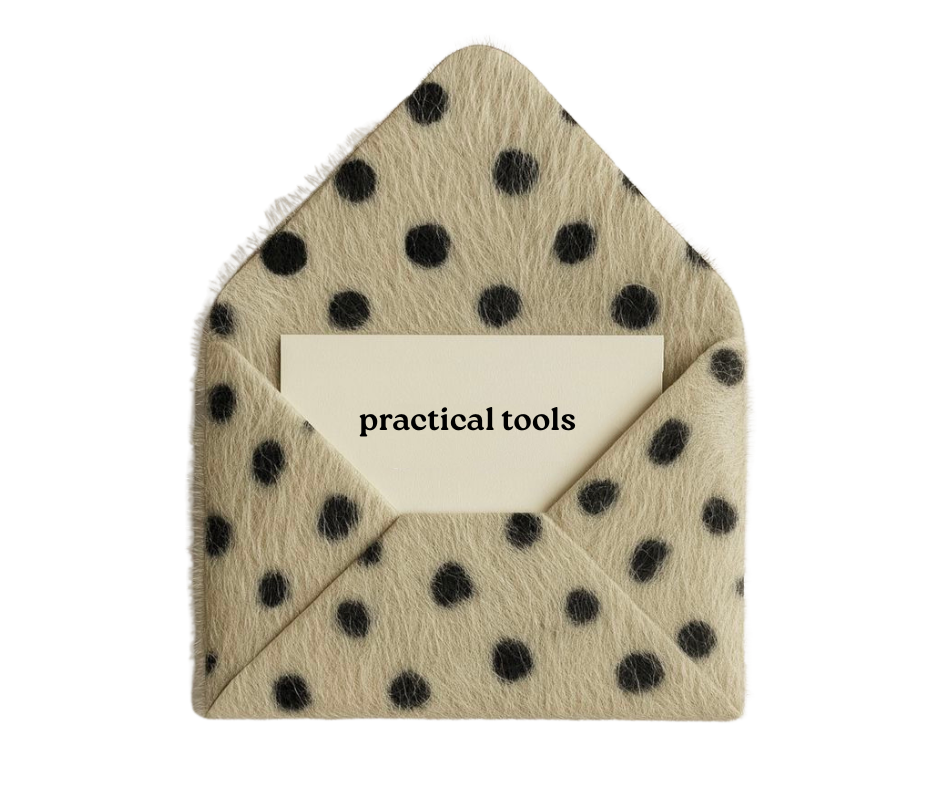 Felt envelope with black polka dots holding a card that says 'practical tools.'