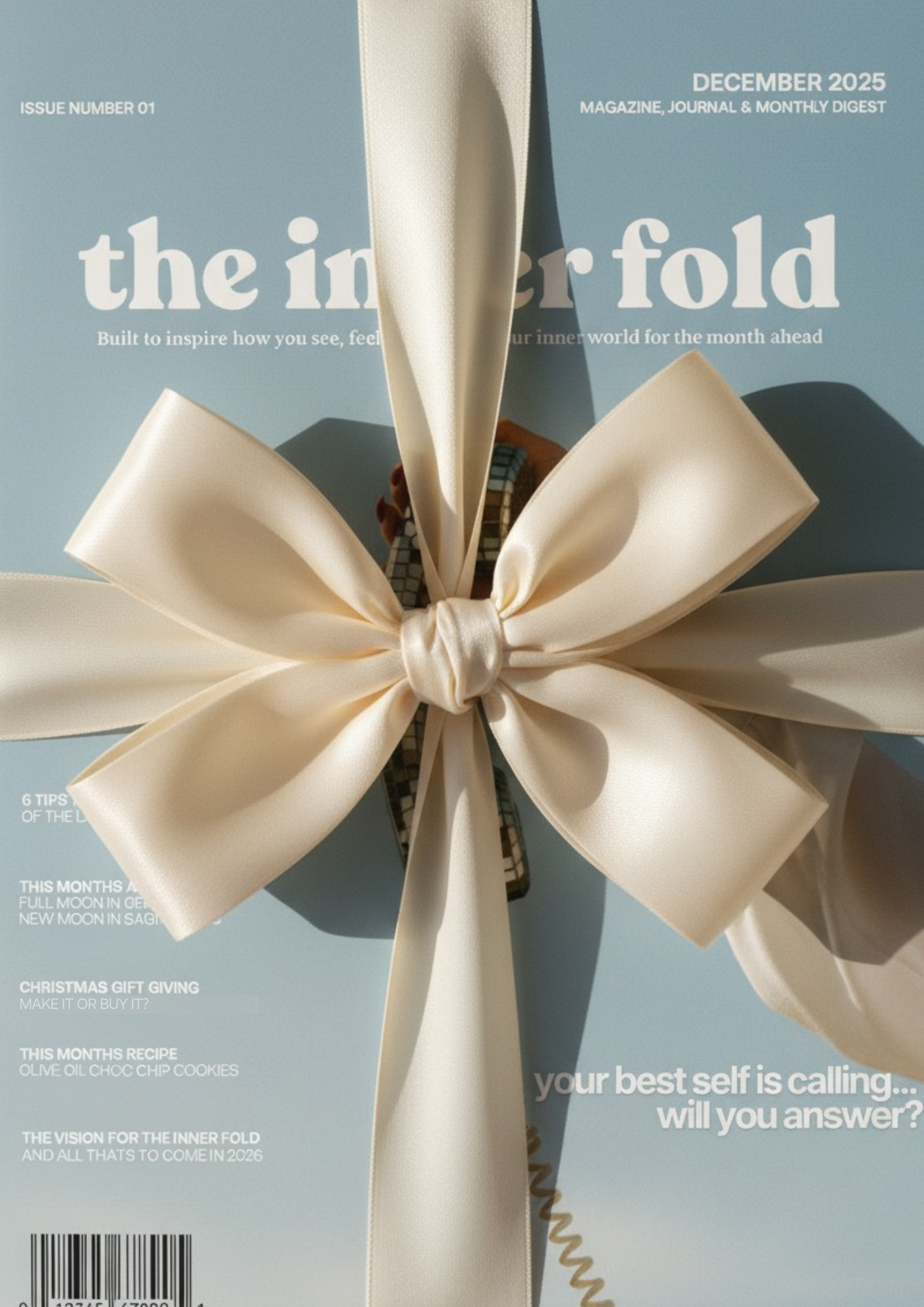 Magazine cover featuring a large cream-colored satin bow on a light blue background, with text about inner growth and self-discovery, December 2025 issue.