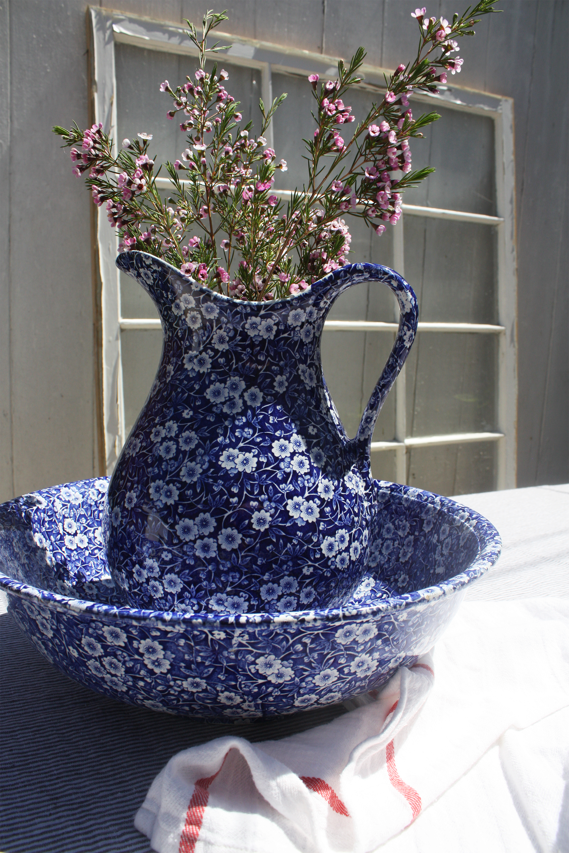 Staffordshire Blue Calico Pitcher & Bowl Set