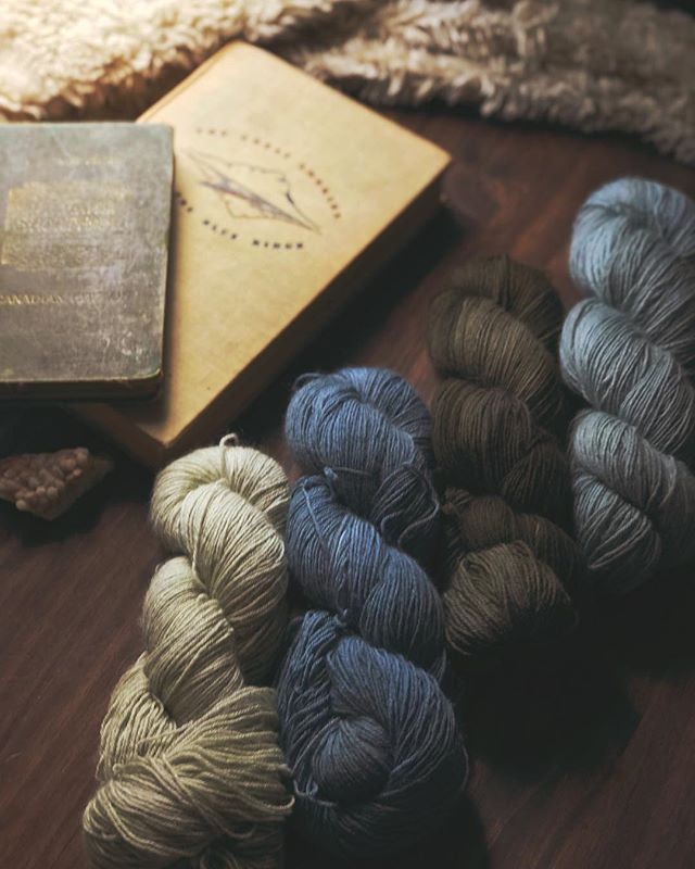 These skeins together remind me of Blue Ridge on a beautiful summer morning. 💙🌿
&bull;
🏷Pictured is black bean dyed Hearth Sock, queen anne&rsquo;s lace Hearth Sock and dog fennel, staghorn sumac + iron Hearth sock. All still up on YarnandThyme.co
