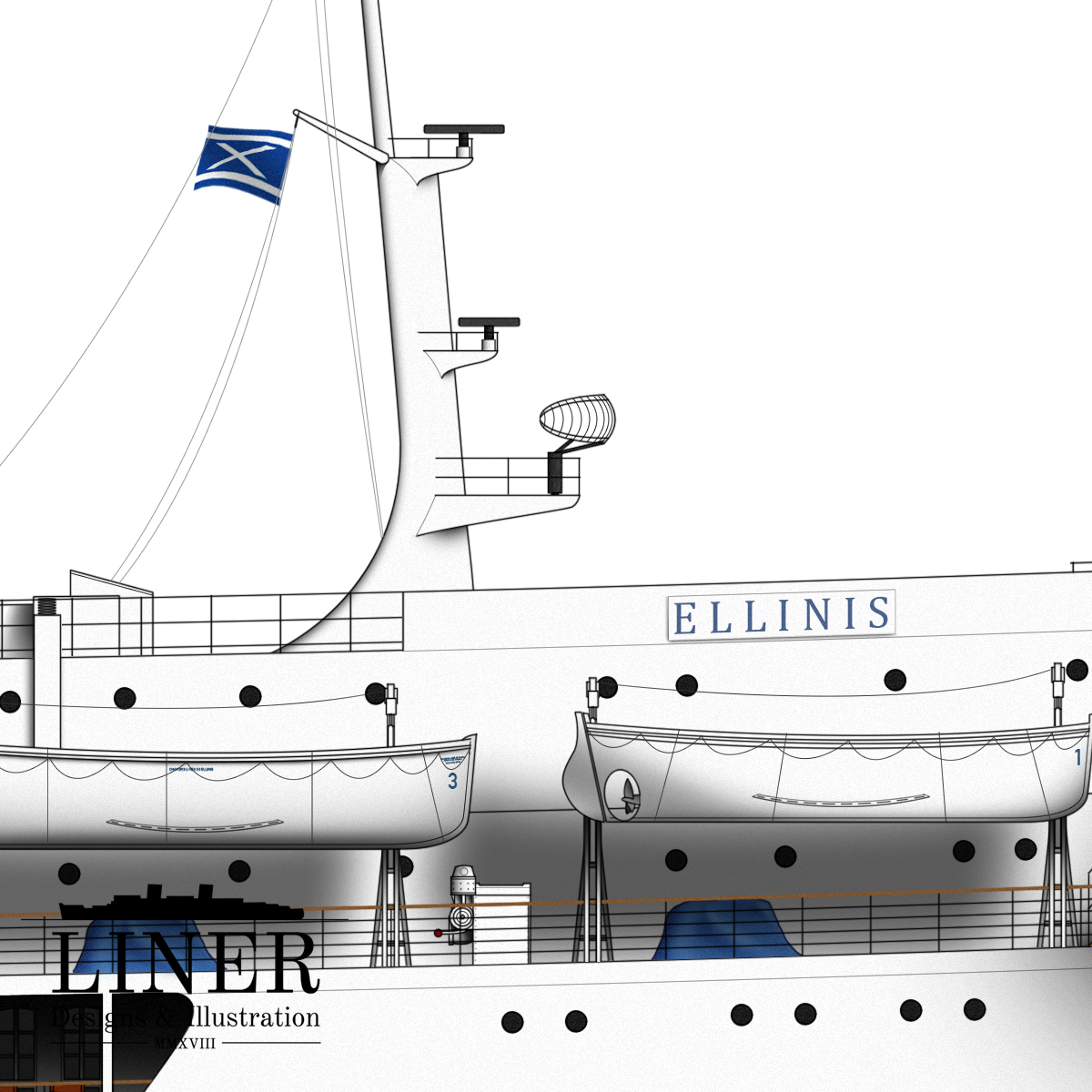 Ellinis’ external appearance was extensively modernised after Chandris bought her; this included the installation of a raked, tall radar tower above the bridge.