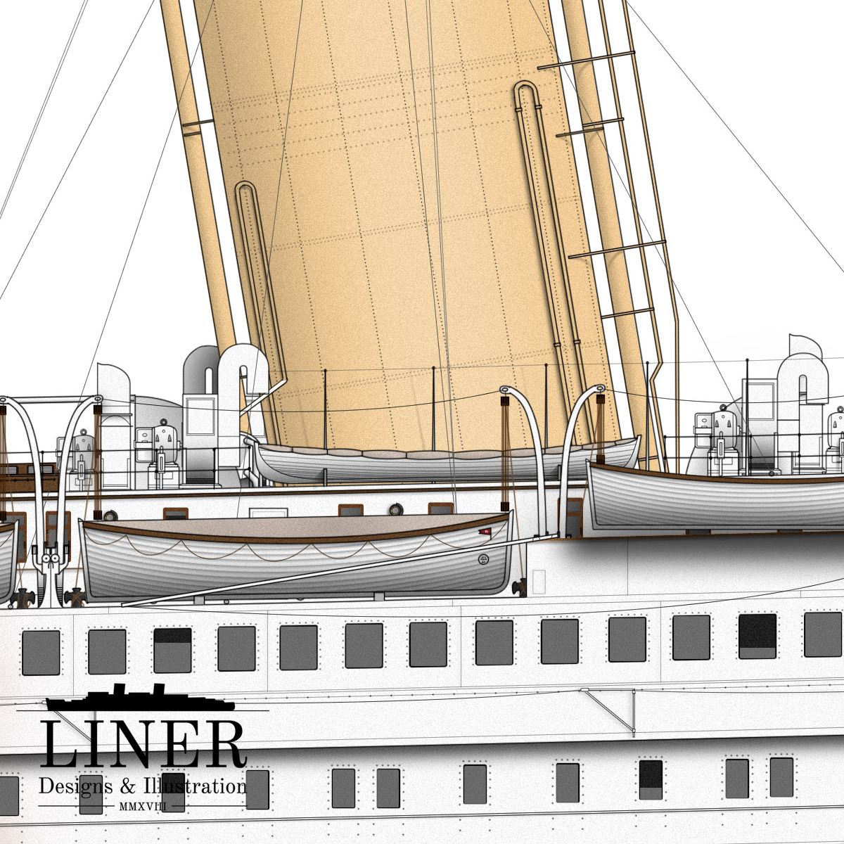 Detail showing the three different types of lifeboat used aboard Titanic. In the event of the sinking, the smaller 'collapsible' type boats at the foot of funnel No. 1 floated free of the ship rather than being properly launched.