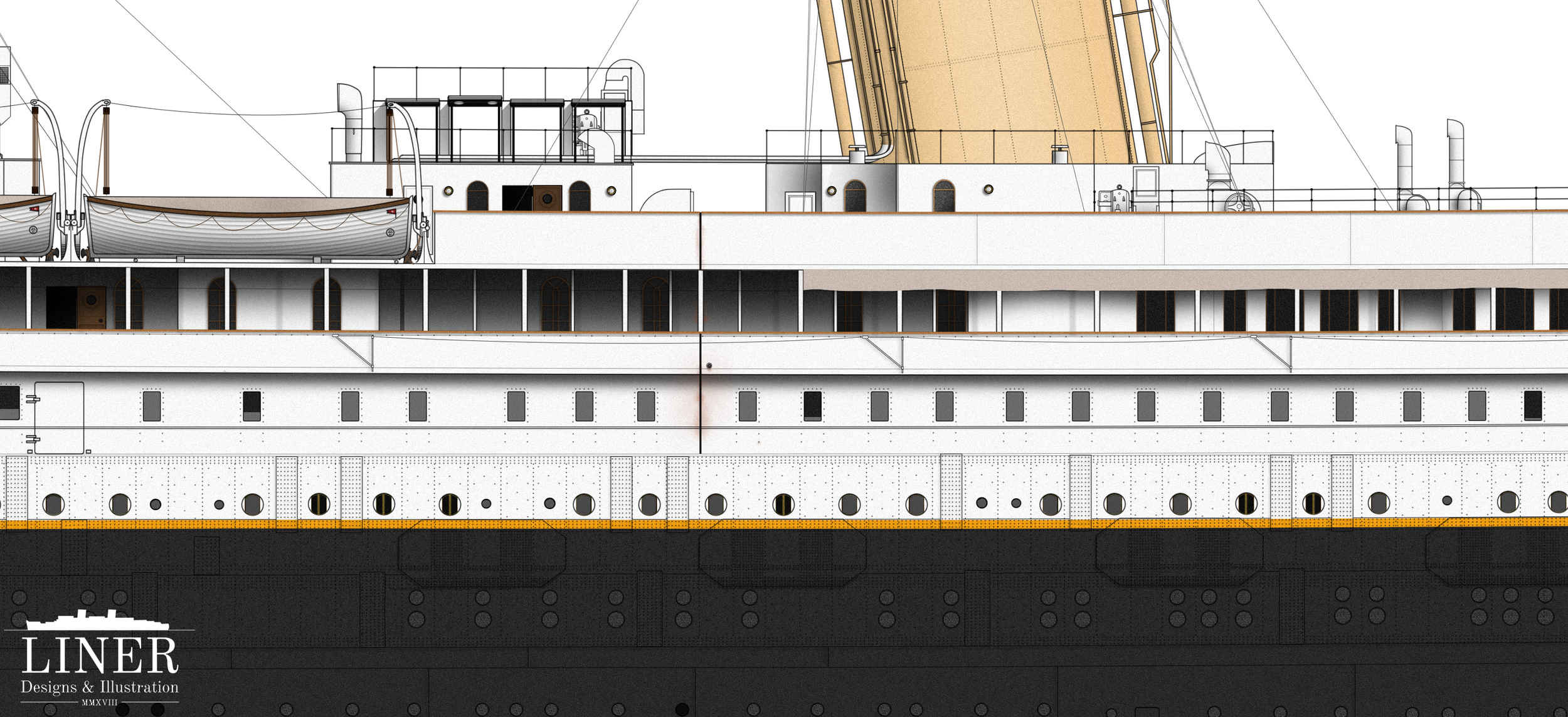 A section of hull amidships. Note the canvas screen erected along the promenade deck to provide shelter for passengers lounging on deck chairs in this area. The triangular frames mounted along the promenade deck are outriggers for aiding in loading the ship's coal bunkers way below at the waterline.