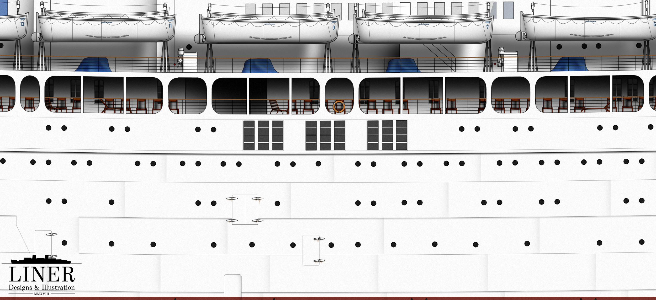 Ellinis’ hull was permeated with shell doors for faster loading of passengers. One can see the deckchairs here lining her promenade; this open-air space was very popular with passengers.