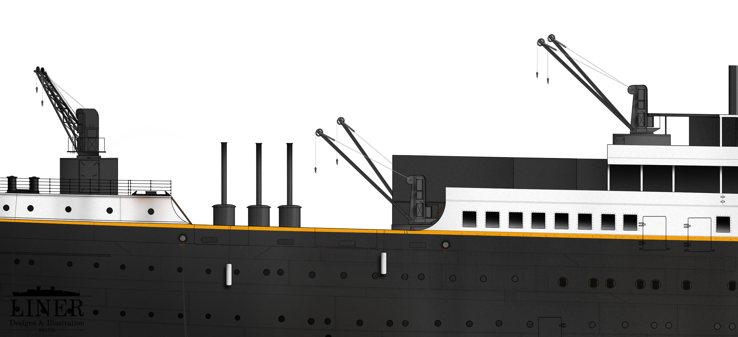Titanic's aft promenade area. The chimneys are, presumably, from some temporary boilers or furnaces positioned on the well-deck during construction. Also note the fenders strung out over the side of the well-deck.