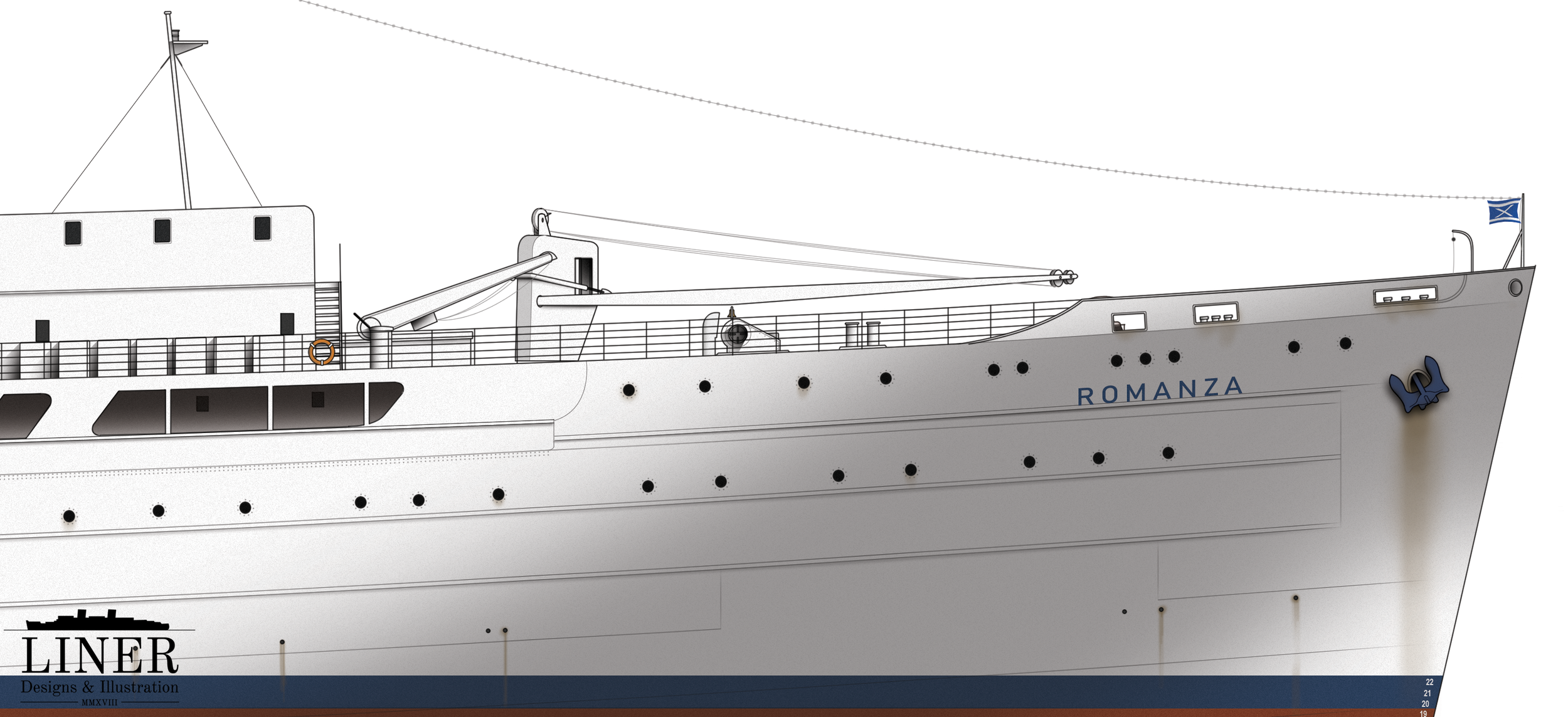 Romanza’s sleek bow. It is hard to believe that this elegant ship started life as a utilitarian cargo vessel.