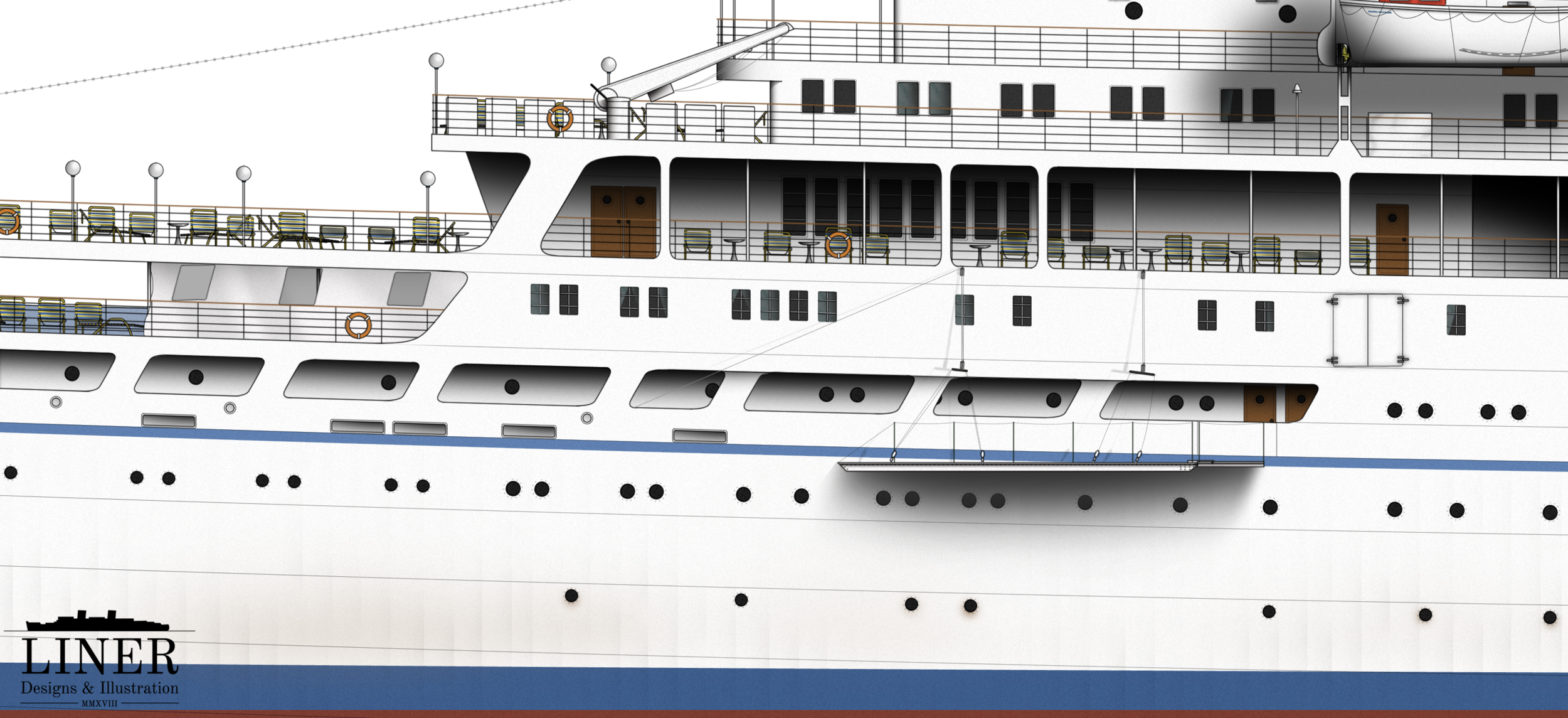 Astern and towards the popular aft sun decks. As on most cruise ships of the era there was a pool and bar located here in full sunlight.