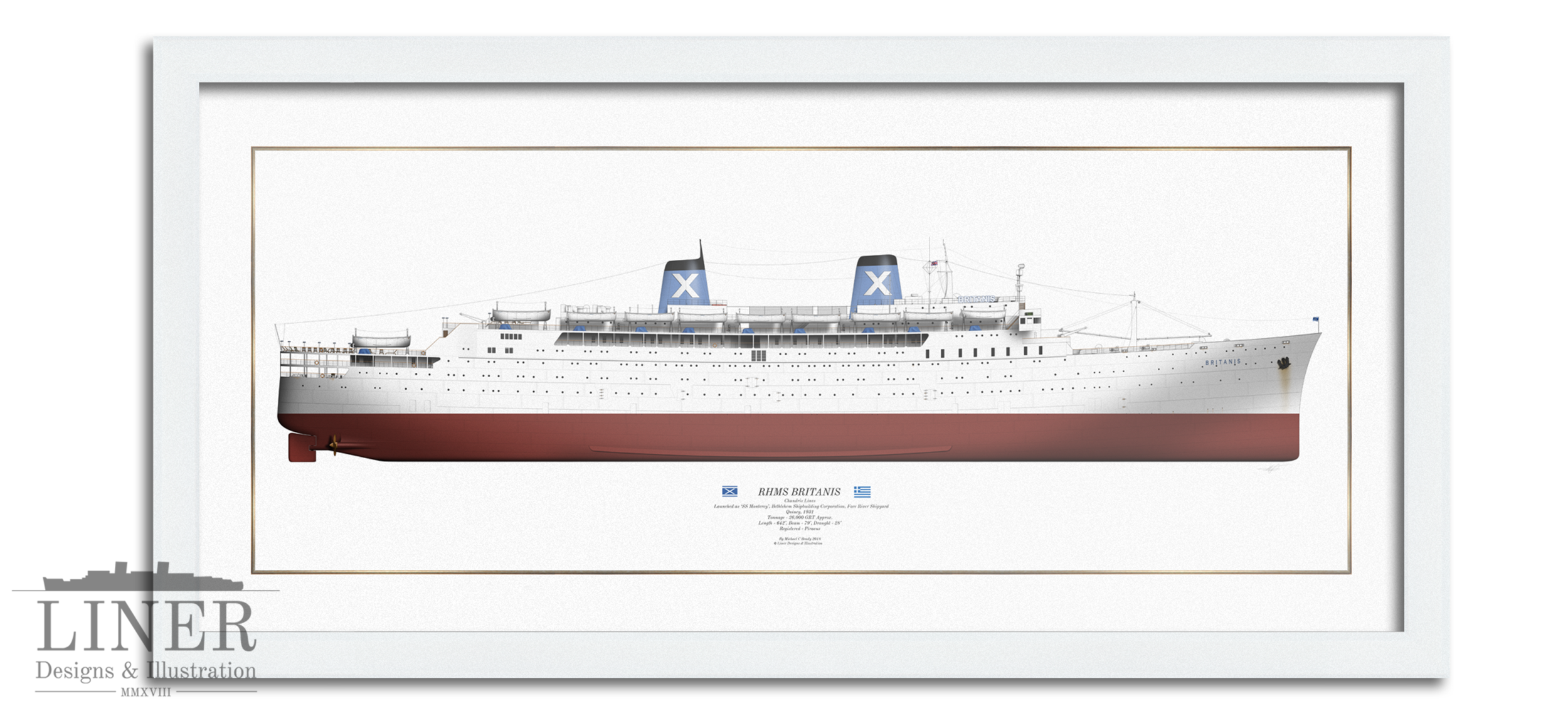Print of Chandris Lines’ RHMS Britanis in ‘Modern White’ by Liner Designs, available Here