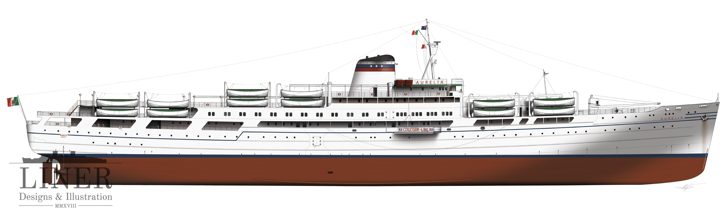 Aurelia in profile - seen here after her second re-fit in 1958 when she was further modernised. Image by Liner Designs and Illustration. Learn more here.