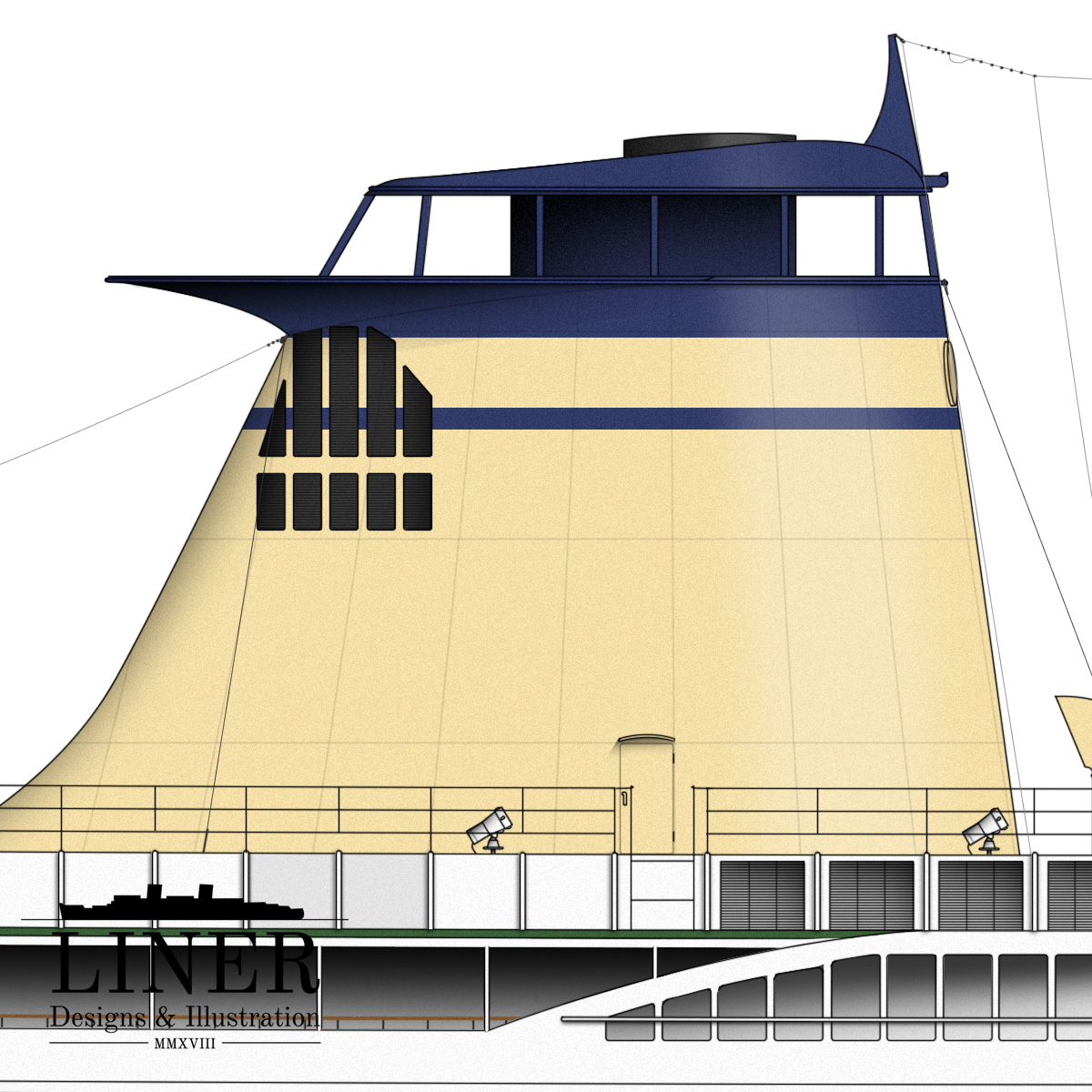 Galileo Galilei’s space-age funnel. It featured a unique design which could telescope, thereby further deflecting soot and smoke from passenger decks aft.