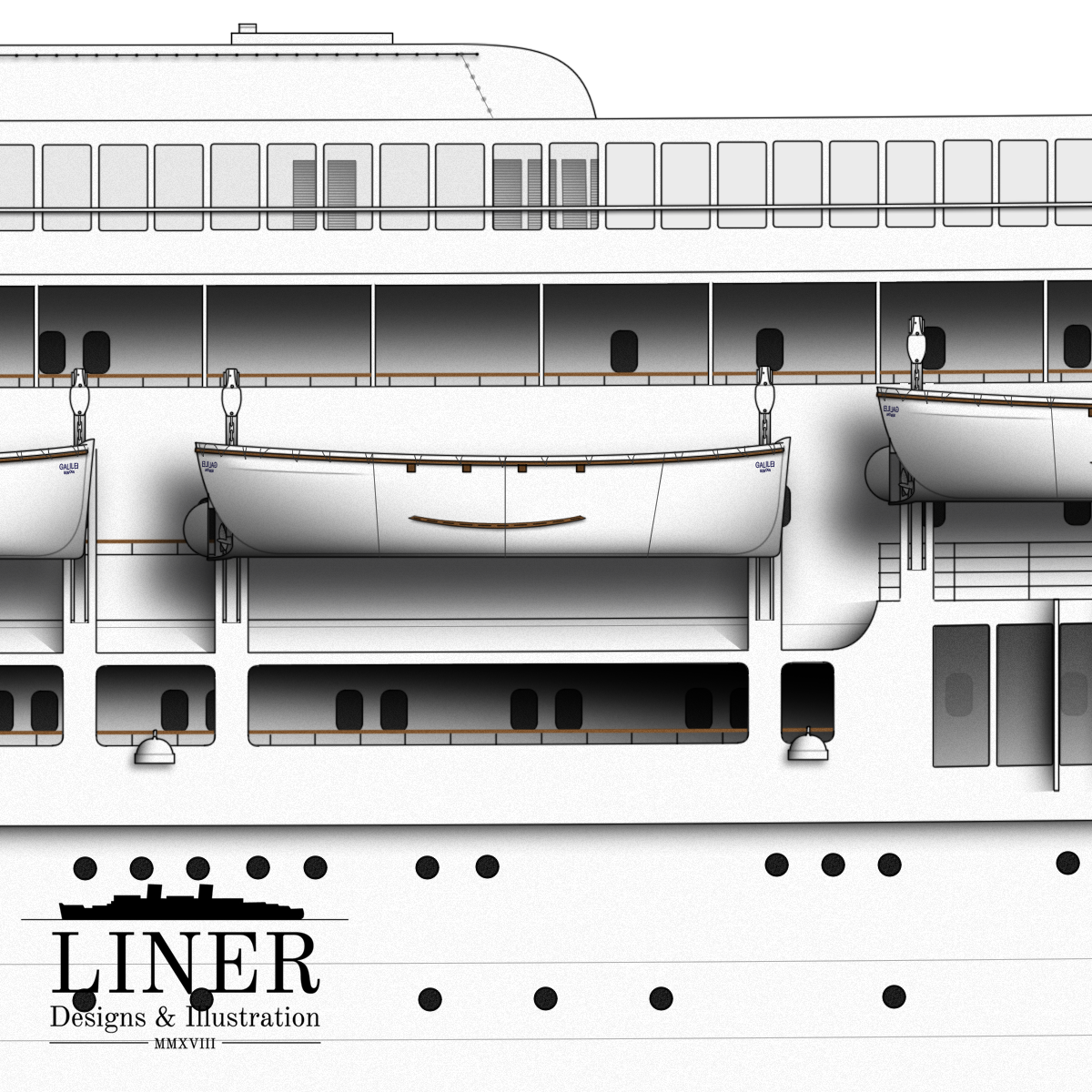 The ship’s steel boats were suspended above the promenade deck on strong gravity davits capable of efficient loading in an emergency.