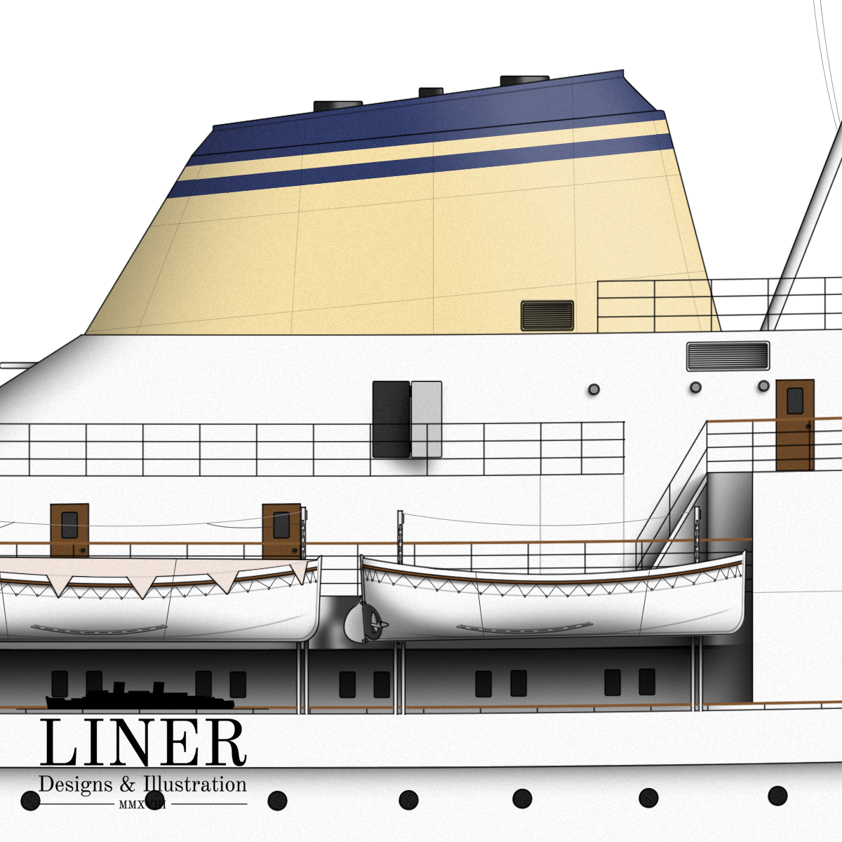 Australia’s elegantly raked single funnel bore the Lloyd-Triestino colours.