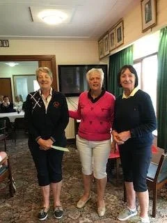 Barbara Reece of Borth and Ynyslas (L), Margaret Bowen, MWCGA Vice-Captain and Gail Beaurain, St. Idloes Club Chairman