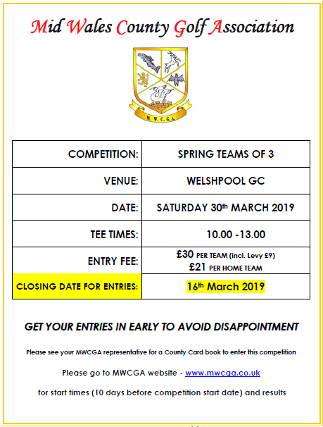 Spring Teams of Three- Welshpool CG Sat 30th March 2019
