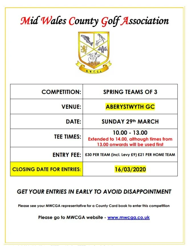 ***18/03/2020 - CANCELLED*** Spring Teams of 3. Aberystwyth Sunday 29th March 2020