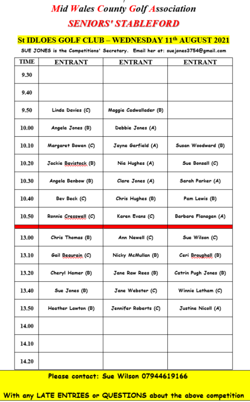 Seniors Stableford Start Sheet. Wed 11 August 2021 - Start Sheet