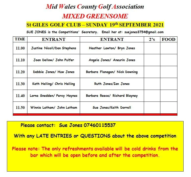 Mixed Greensomes Start Sheet - Sunday 19th Sept