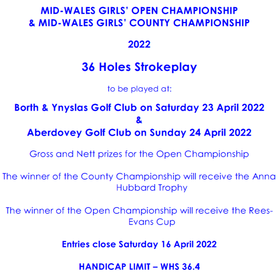 Entry Form for the Mid Wales Girls Open Championship goes live