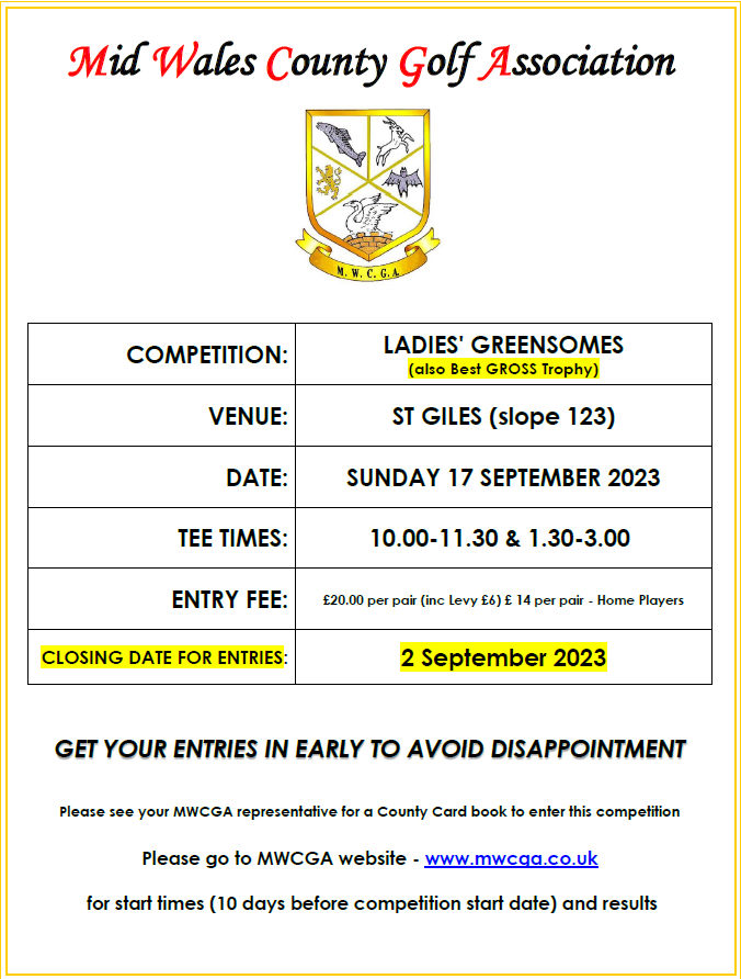 Ladies Greensomes. St Giles GC, Sun 17th Sept
