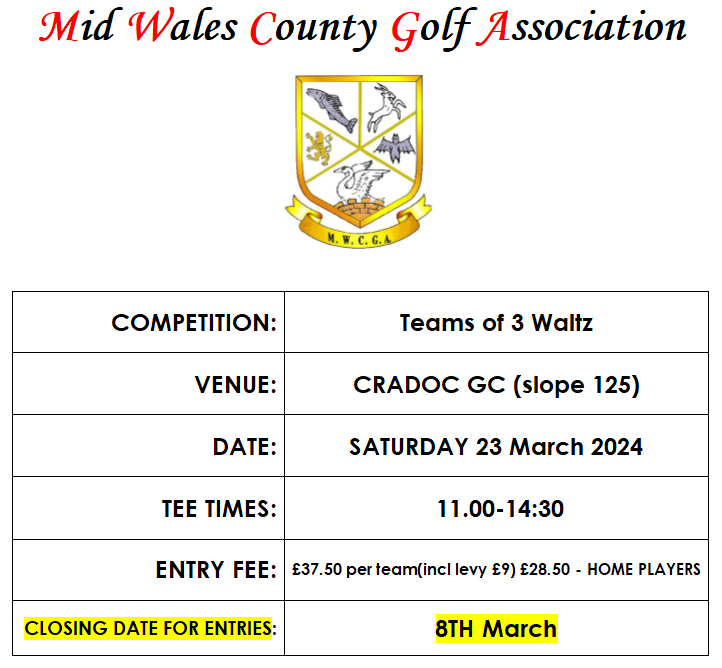First comp of 2024!! Teams of 3 Waltz, Cradoc GC on  23 March