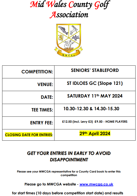 Seniors Stableford at St Idloes Golf Club.  Sat 11 May 2024