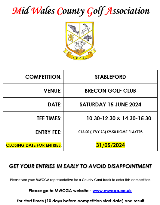Stableford-Brecon Golf Club, Saturday 15th June 2024