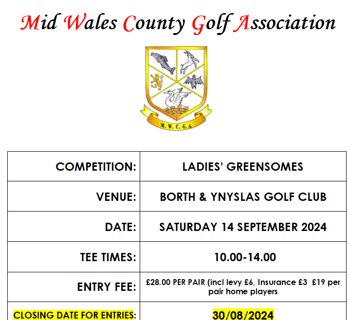 Ladies Greensomes - Borth and Ynyslas, Sat 14 Sept 2024