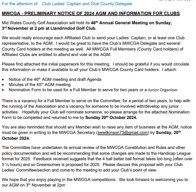 2024 AGM - Sunday 3 November, Llandrindod Wells Golf Club