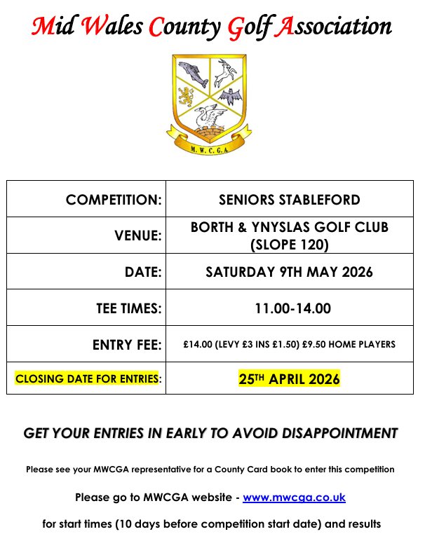 Seniors Stableford - 9th May. Borth &amp; Ynyslas