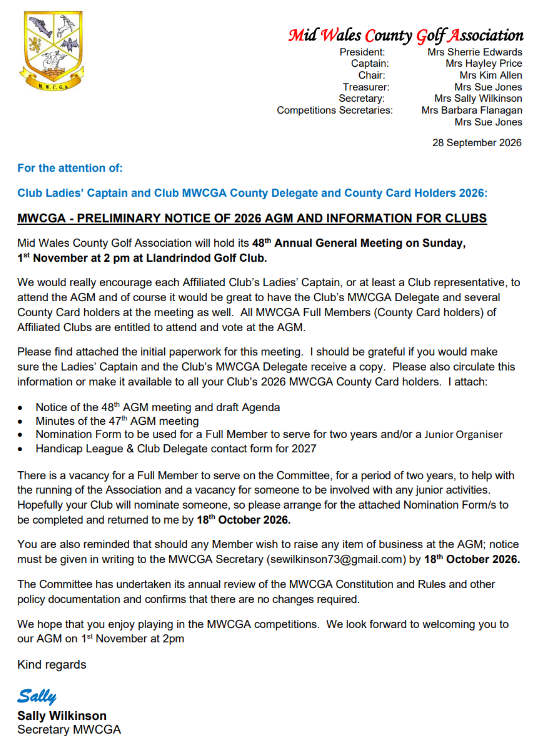 48th AGM- Sunday 1st Nov, 2pm, Llandrindod Wells Golf Club