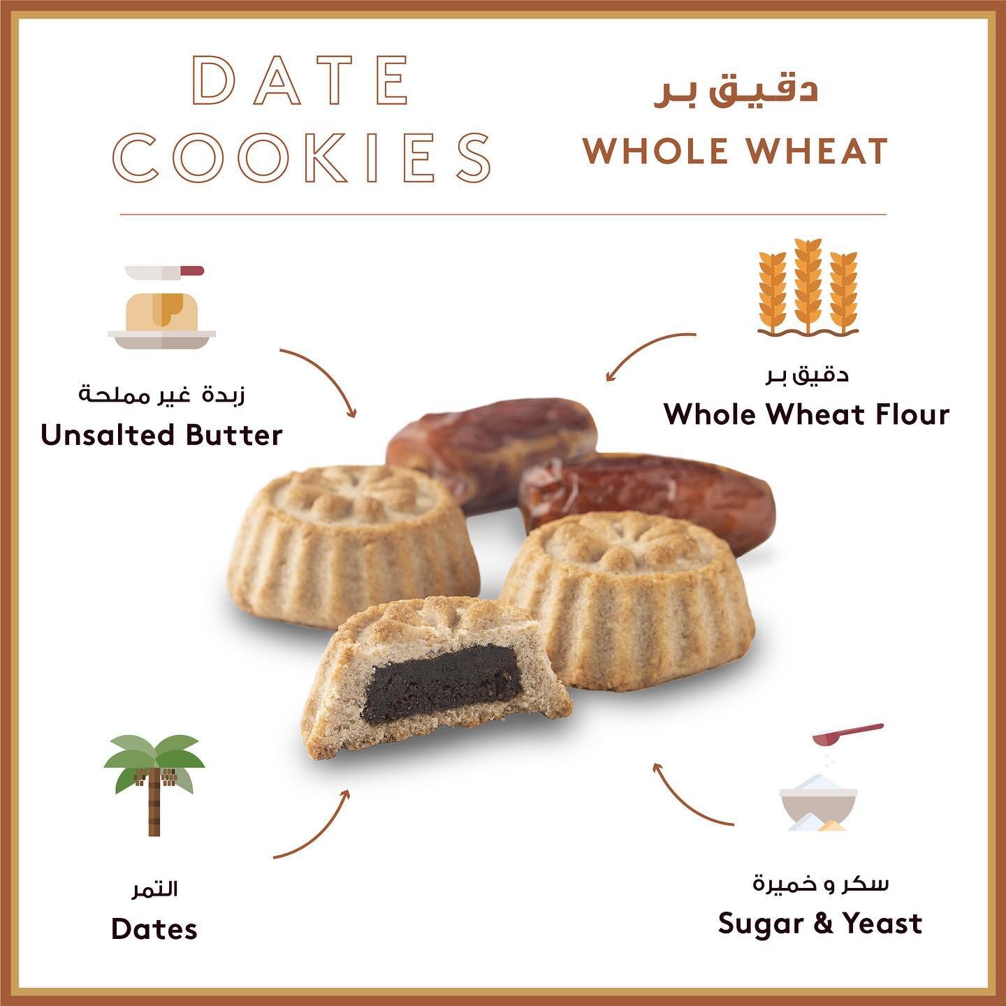 Enjoy our mouth-watering range of Date Cookies, including our newest variation: The Whole Wheat Classic Maamoul!

As an ingredient, whole wheat flour is a delicious and healthy choice. Our maamoul are filled with wholesome dates, along with high leve