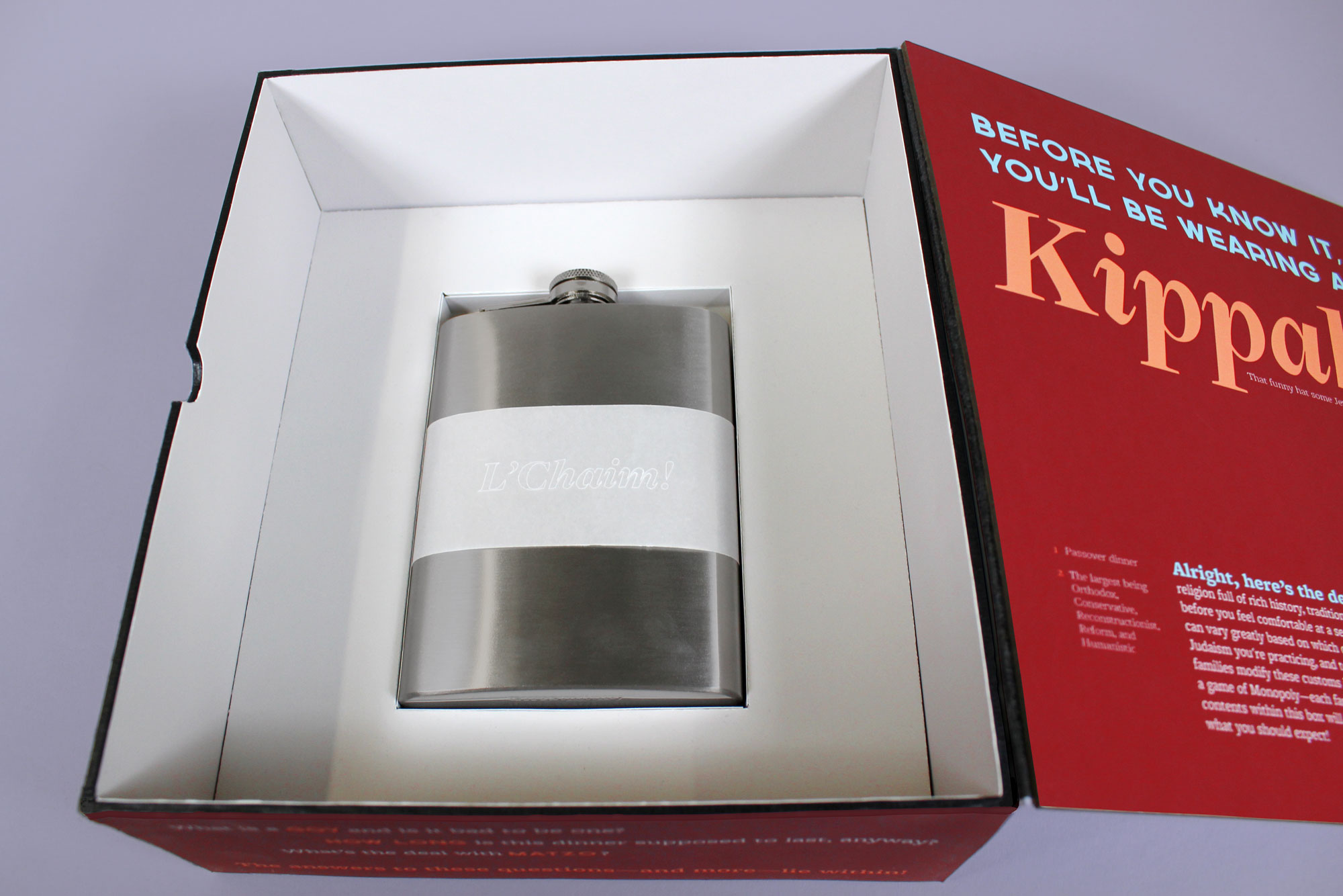 There is a flask hidden in the false bottom under the first level. The band wrapped around it is etched with “L’Chaim!”