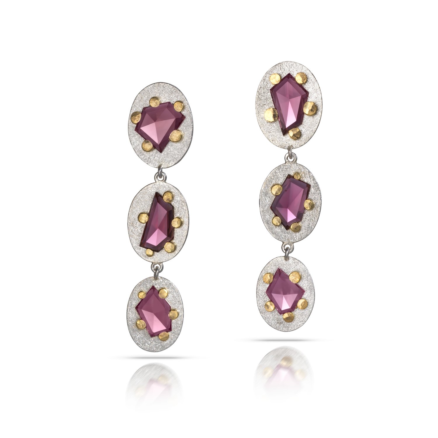 Mark Nueall Garnet drop earrings silver and gold.jpg