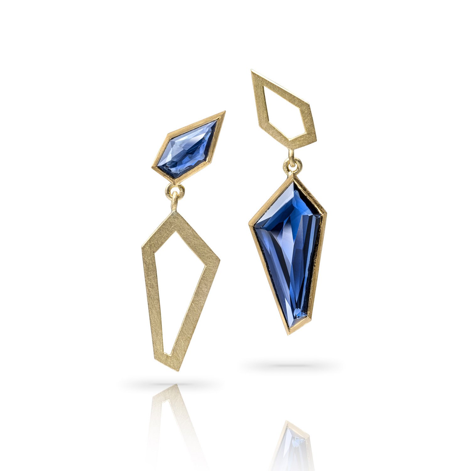 Blue Sapphire Geometric Earrings 18ct gold hand made London
