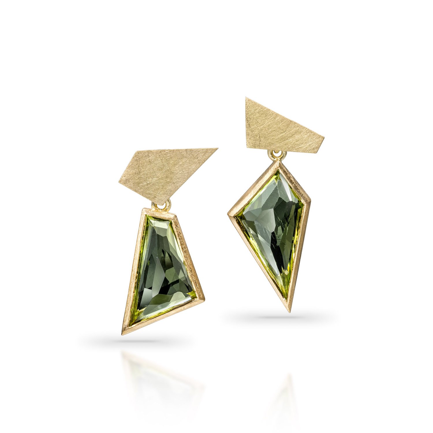 Green tourmaline gold earrings asymmetric london