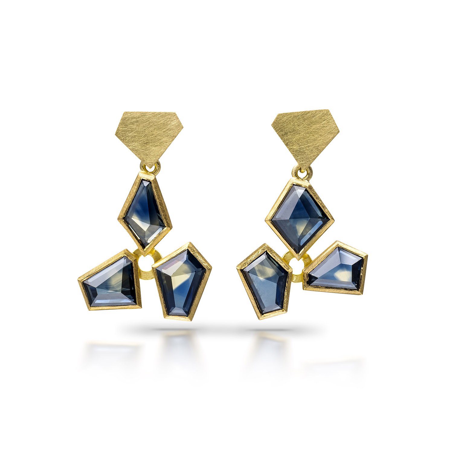 Unique Blue parti sapphire gold earrings geometric asymmetric 