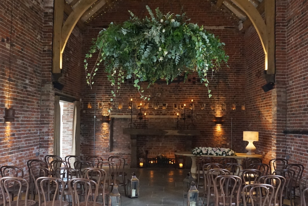  Hanging foliage hoop at Hazel Gap Barn, Budby by All Bunched Up. 