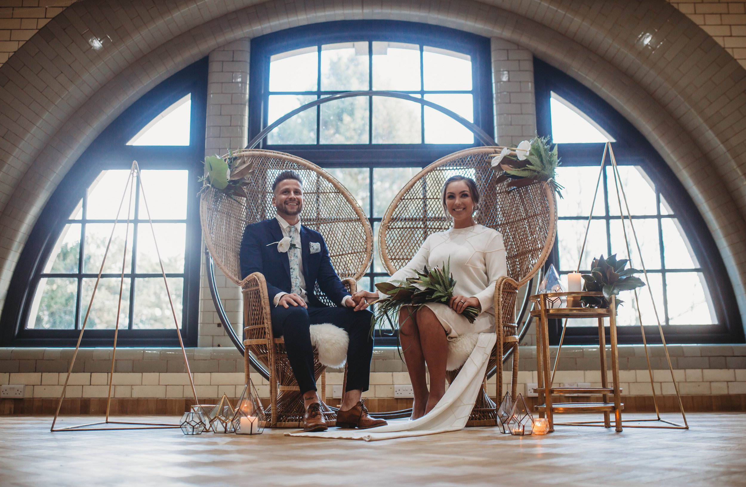  Boho Luxe wedding, couple in peacock chairs with modern Bridal bouquet by All Bunched Up at The Pumping House, Ollerton. 