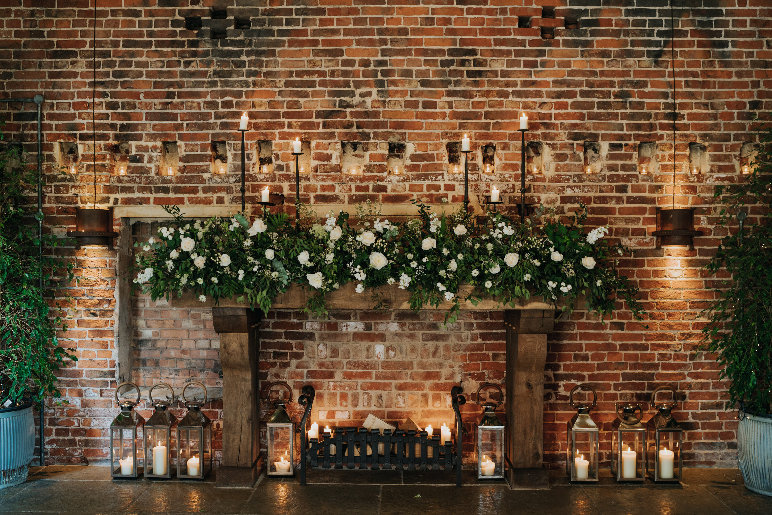  Fireplace floral decoration at Hazel Gap Barn, Budby by All Bunched Up wedding flowers. 