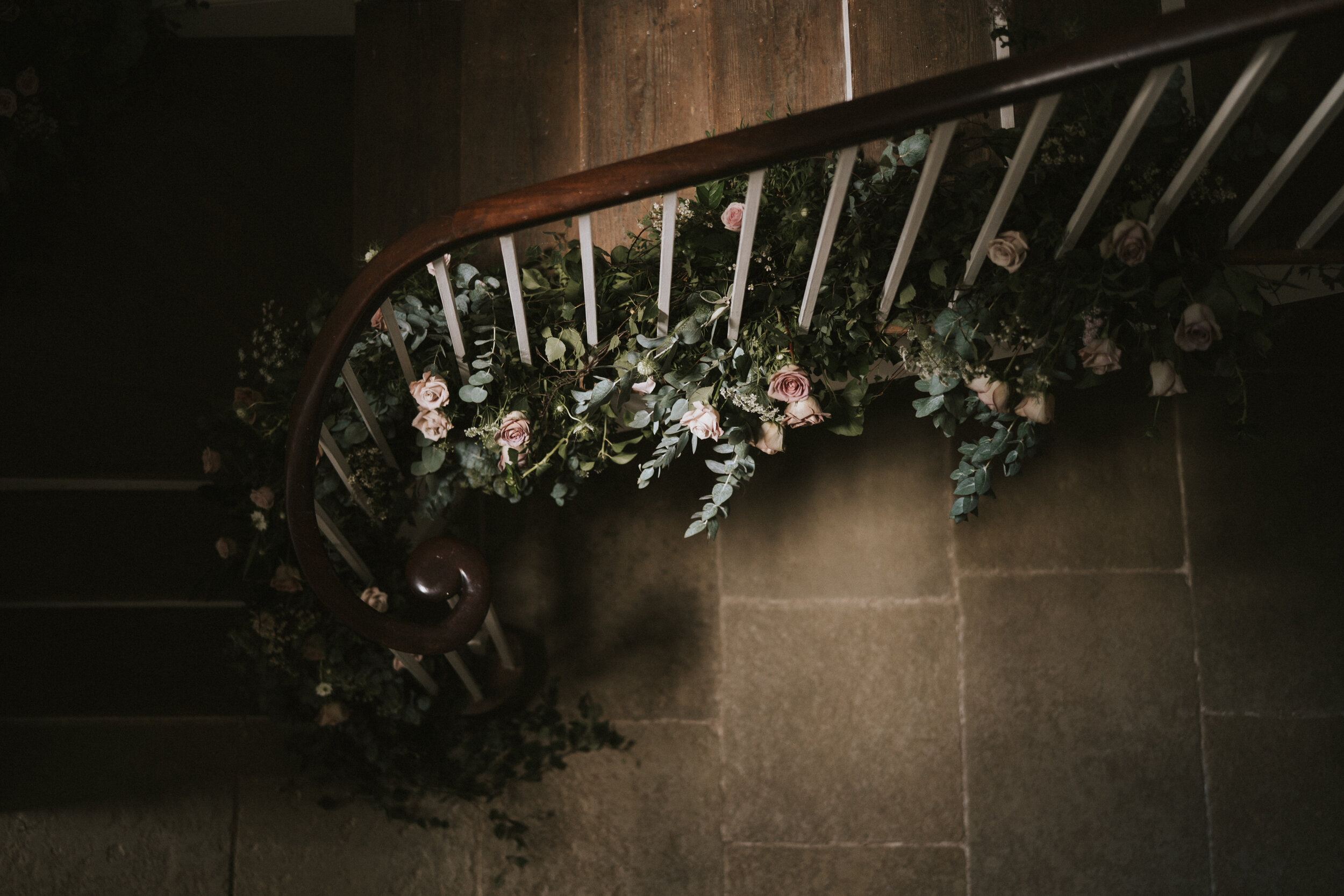  Image of staircase wedding floral installation by All Bunched Up at Aswarby Rectory, Sleaford, Lincolnshire. 