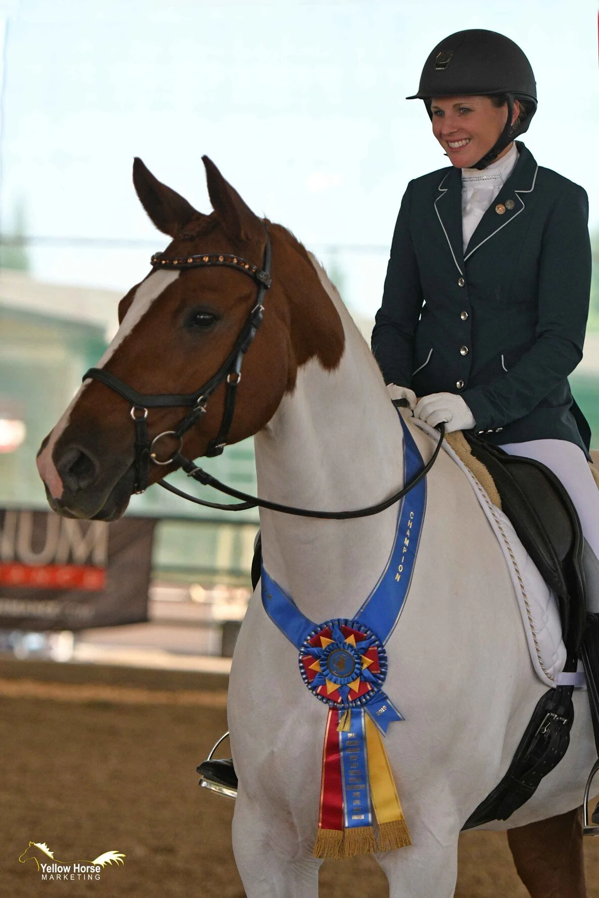 Kelly Prayter and her American Warmblood gelding Hemingway are all smiles after winning the Great American Insurance Group/USDF Region 7 Adult Amateur Third Level Championship at the 2019 CDS Championship Show. Photo: Jennifer M. Keeler/Yellow Horse Marketing.