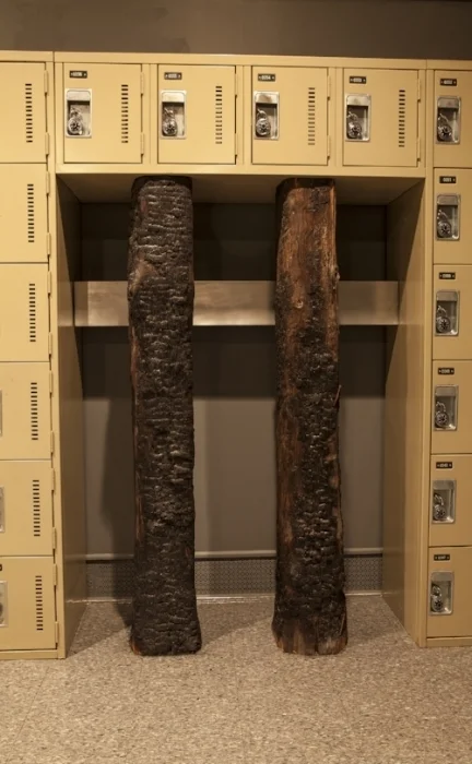 Castle Keep , detail, lockers, burnt fir beams, aluminum